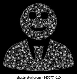 Glowing mesh glad boss with glare effect. Abstract illuminated model of glad boss icon. Shiny wire frame polygonal network glad boss. Vector abstraction on a black background.
