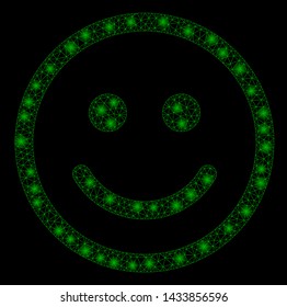 Glowing mesh glad smiley with glitter effect. Abstract illuminated model of glad smiley icon. Shiny wire frame polygonal mesh glad smiley. Vector abstraction on a black background.