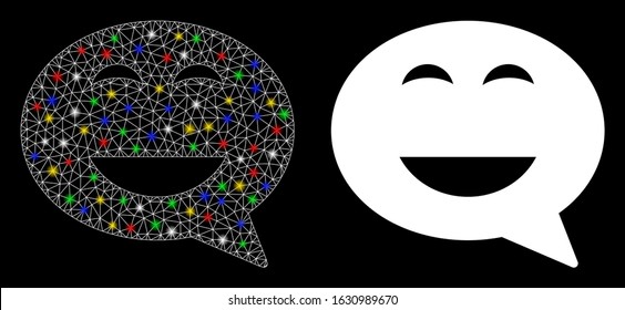 Glowing mesh glad smiley message icon with glare effect. Abstract illuminated model of glad smiley message. Shiny wire carcass polygonal mesh glad smiley message icon.