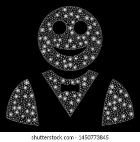 Glowing mesh glad waiter with glow effect. Abstract illuminated model of glad waiter icon. Shiny wire frame triangular network glad waiter. Vector abstraction on a black background.