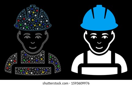 Glowing mesh glad worker icon with lightspot effect. Abstract illuminated model of glad worker. Shiny wire carcass triangular mesh glad worker icon. Vector abstraction on a black background.
