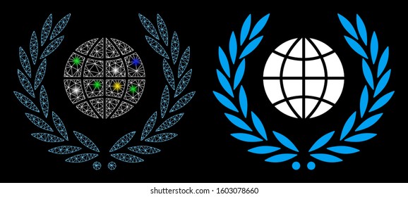 Glowing mesh global emblem icon with glow effect. Abstract illuminated model of global emblem. Shiny wire carcass polygonal mesh global emblem icon. Vector abstraction on a black background.