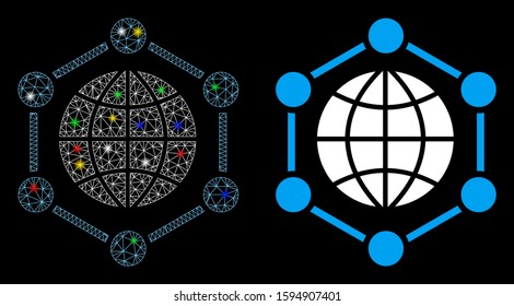 Glowing mesh global frame icon with glare effect. Abstract illuminated model of global frame. Shiny wire frame triangular mesh global frame icon. Vector abstraction on a black background.