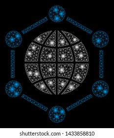 Glowing mesh global frame with sparkle effect. Abstract illuminated model of global frame icon. Shiny wire frame triangular mesh global frame. Vector abstraction on a black background.