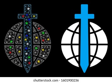 Glowing mesh global guard icon with glow effect. Abstract illuminated model of global guard. Shiny wire frame polygonal network global guard icon. Vector abstraction on a black background.