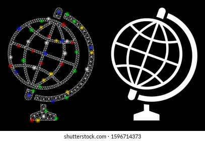 Glowing mesh global icon with glitter effect. Abstract illuminated model of global. Shiny wire carcass polygonal mesh global icon. Vector abstraction on a black background.