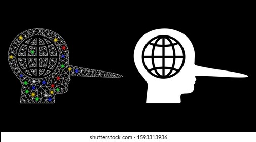 Glowing mesh global liar icon with lightspot effect. Abstract illuminated model of global liar. Shiny wire frame triangular mesh global liar icon. Vector abstraction on a black background.