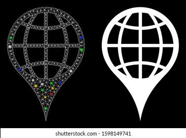 Glowing mesh global location icon with glow effect. Abstract illuminated model of global location. Shiny wire frame polygonal mesh global location icon. Vector abstraction on a black background.