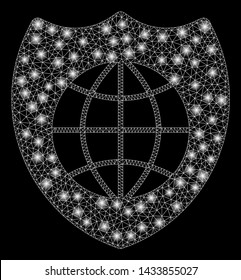 Glowing mesh global shield with glare effect. Abstract illuminated model of global shield icon. Shiny wire frame triangular mesh global shield. Vector abstraction on a black background.