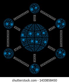 Glowing mesh global web with sparkle effect. Abstract illuminated model of global web icon. Shiny wire frame polygonal mesh global web. Vector abstraction on a black background.