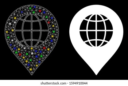 Glowing mesh globe marker icon with glare effect. Abstract illuminated model of globe marker. Shiny wire frame triangular network globe marker icon. Vector abstraction on a black background.