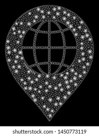 Glowing mesh globe marker with lightspot effect. Abstract illuminated model of globe marker icon. Shiny wire frame triangular mesh globe marker. Vector abstraction on a black background.