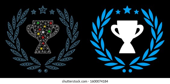 Glowing mesh glory emblem icon with glow effect. Abstract illuminated model of glory emblem. Shiny wire frame polygonal mesh glory emblem icon. Vector abstraction on a black background.