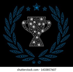 Glowing mesh glory emblem with lightspot effect. Abstract illuminated model of glory emblem icon. Shiny wire frame polygonal network glory emblem. Vector abstraction on a black background.