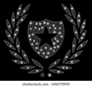 Glowing mesh glory shield with glare effect. Abstract illuminated model of glory shield icon. Shiny wire carcass triangular network glory shield. Vector abstraction on a black background.