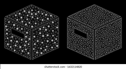 Glowing mesh goods box with glow effect. Abstract illuminated model of goods box icon. Shiny wire carcass triangular mesh goods box icon. Vector abstraction on a black background.