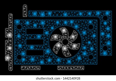 Glowing mesh GPU video cards with glare effect. Abstract illuminated model of GPU video cards icon. Shiny wire carcass polygonal mesh GPU video cards. Vector abstraction on a black background.