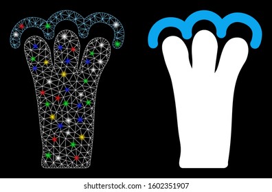 Glowing mesh grab gesture icon with glitter effect. Abstract illuminated model of grab gesture. Shiny wire carcass polygonal network grab gesture icon. Vector abstraction on a black background.