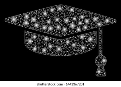 Glowing mesh graduation cap with sparkle effect. Abstract illuminated model of graduation cap icon. Shiny wire frame triangular network graduation cap. Vector abstraction on a black background.