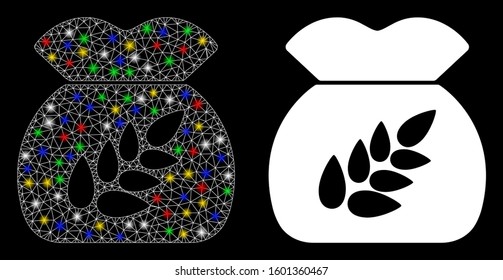 Glowing mesh grain harvest sack icon with glow effect. Abstract illuminated model of grain harvest sack. Shiny wire carcass polygonal mesh grain harvest sack icon.