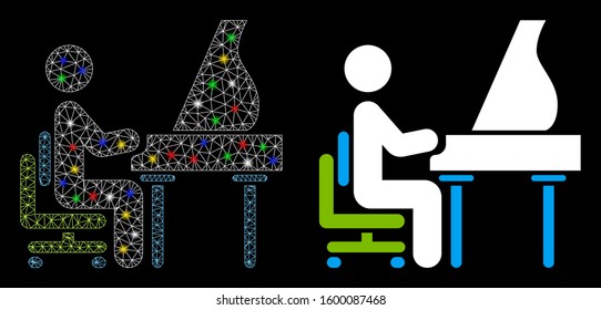 Glowing mesh grand piano performer icon with sparkle effect. Abstract illuminated model of grand piano performer. Shiny wire carcass polygonal network grand piano performer icon.