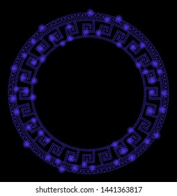 Glowing mesh greek classic round frame with glare effect. Abstract illuminated model of greek classic round frame icon. Shiny wire carcass polygonal mesh greek classic round frame.