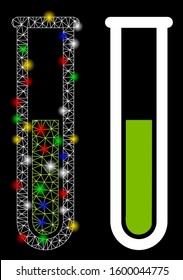 Glowing mesh green liquid test tube icon with sparkle effect. Abstract illuminated model of green liquid test tube. Shiny wire carcass polygonal network green liquid test tube icon.