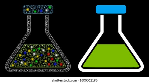 Glowing mesh green wide flask icon with sparkle effect. Abstract illuminated model of green wide flask. Shiny wire carcass polygonal mesh green wide flask icon.