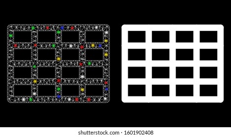 Glowing mesh grid icon with sparkle effect. Abstract illuminated model of grid. Shiny wire frame triangular mesh grid icon. Vector abstraction on a black background.