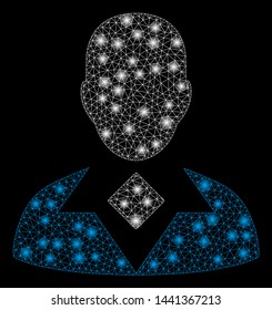 Glowing mesh guy with glow effect. Abstract illuminated model of guy icon. Shiny wire frame triangular mesh guy. Vector abstraction on a black background.