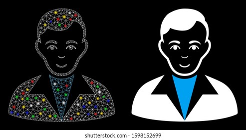 Glowing mesh guy icon with glitter effect. Abstract illuminated model of guy. Shiny wire carcass polygonal mesh guy icon. Vector abstraction on a black background.