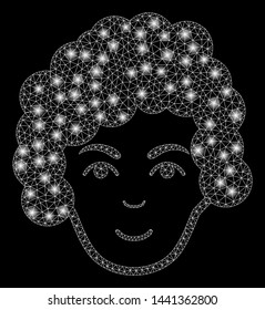 Glowing mesh hairstyle head with glow effect. Abstract illuminated model of hairstyle head icon. Shiny wire frame triangular mesh hairstyle head. Vector abstraction on a black background.