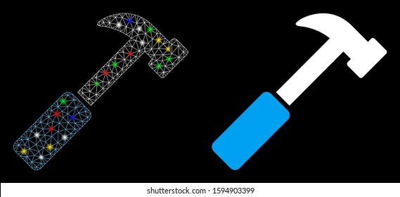 Glowing mesh hammer icon with glare effect. Abstract illuminated model of hammer. Shiny wire frame polygonal mesh hammer icon. Vector abstraction on a black background.