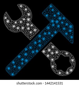 Glowing mesh hammer and wrench with glow effect. Abstract illuminated model of hammer and wrench icon. Shiny wire carcass polygonal mesh hammer and wrench. Vector abstraction on a black background.