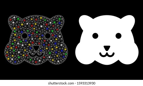 Glowing mesh hamster head icon with glare effect. Abstract illuminated model of hamster head. Shiny wire carcass triangular mesh hamster head icon. Vector abstraction on a black background.