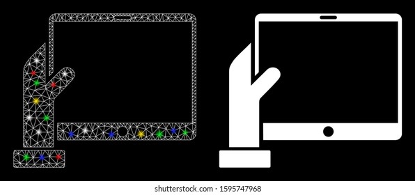 Glowing mesh hand holds PDA icon with sparkle effect. Abstract illuminated model of hand holds PDA. Shiny wire carcass polygonal network hand holds PDA icon. Vector abstraction on a black background.