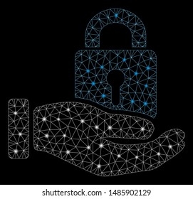 Glowing mesh hand with lock with glare effect. Abstract illuminated model of hand with lock icon. Shiny wire frame polygonal network hand with lock. Vector abstraction on a black background.