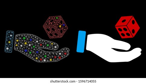 Glowing mesh hand play dice icon with lightspot effect. Abstract illuminated model of hand play dice. Shiny wire frame polygonal network hand play dice icon. Vector abstraction on a black background.