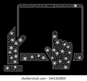 Glowing mesh hand points PDA with glow effect. Abstract illuminated model of hand points PDA icon. Shiny wire frame triangular mesh hand points PDA. Vector abstraction on a black background.