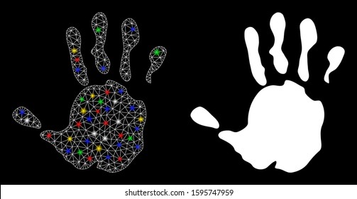 Glowing mesh hand print icon with glare effect. Abstract illuminated model of hand print. Shiny wire carcass triangular network hand print icon. Vector abstraction on a black background.