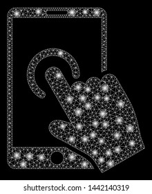 Glowing mesh hand touch smartphone with glare effect. Abstract illuminated model of hand touch smartphone icon. Shiny wire frame polygonal mesh hand touch smartphone.