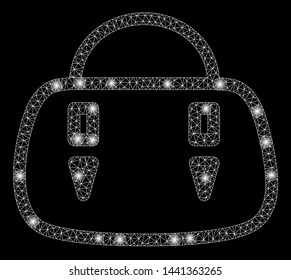 Glowing mesh handbag with lightspot effect. Abstract illuminated model of handbag icon. Shiny wire carcass triangular mesh handbag. Vector abstraction on a black background.