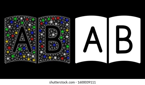 Glowing mesh handbook icon with glare effect. Abstract illuminated model of handbook. Shiny wire frame triangular mesh handbook icon. Vector abstraction on a black background.