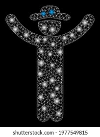 Glowing mesh hands up gentleman with sparkle effect. Abstract illuminated model of hands up gentleman icon. Shiny wire frame triangular mesh hands up gentleman.