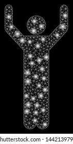 Glowing mesh hands up pose with sparkle effect. Abstract illuminated model of hands up pose icon. Shiny wire carcass triangular network hands up pose. Vector abstraction on a black background.