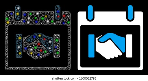 Glowing mesh handshake calendar day icon with glare effect. Abstract illuminated model of handshake calendar day. Shiny wire frame triangular mesh handshake calendar day icon.