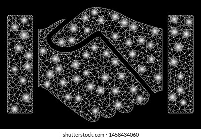 Glowing mesh handshake with glare effect. Abstract illuminated model of handshake icon. Shiny wire carcass triangular mesh handshake. Vector abstraction on a black background.