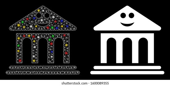 Glowing mesh happy bank icon with glare effect. Abstract illuminated model of happy bank. Shiny wire carcass polygonal mesh happy bank icon. Vector abstraction on a black background.