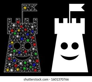 Glowing mesh happy bulwark tower icon with glare effect. Abstract illuminated model of happy bulwark tower. Shiny wire carcass triangular mesh happy bulwark tower icon.