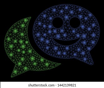 Glowing mesh happy chat with glare effect. Abstract illuminated model of happy chat icon. Shiny wire frame triangular mesh happy chat. Vector abstraction on a black background.